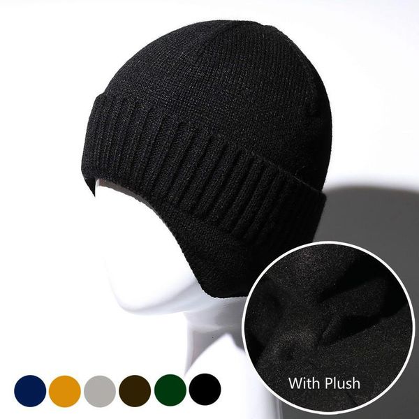 

solid color beanie winter soft warm knitted hats cycling caps windproof fleece bike hat outdoor knit ear flap & masks, Black