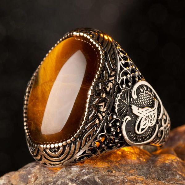 

cluster rings oval brown tiger eye gemstone ring ottoman tughra motif vintage style handcarved turkish men jewelery, Golden;silver