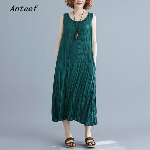 

sleeveless plus size vintage pleated dresses for women casual loose long summer vest dress elegant clothes sundress 210517, Black;gray
