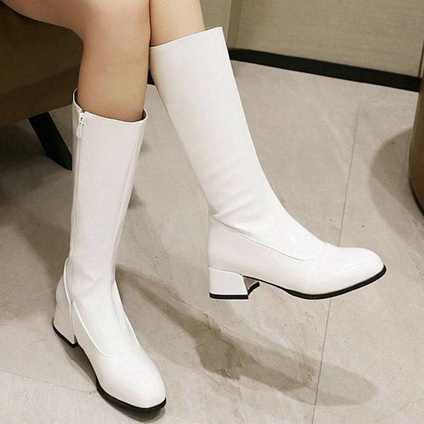 

boots 2021 women mid calf patent pu leather comfortable square heel round toe women's fall winter side zipper short, Black
