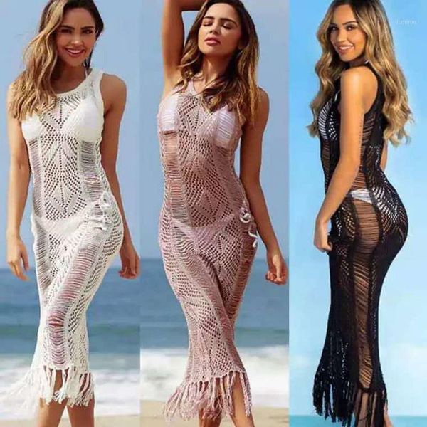 

women's swimwear 2021 summer style see-through beach blouse knitted mid-length dress women, White;black