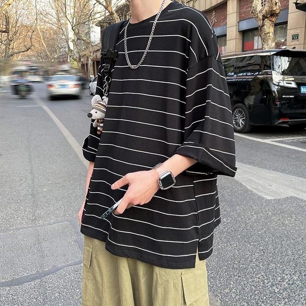 

men's t-shirts oversized t-shirt for men summer harajuku style striped printed oversize o-neck korean casual fashion student, White;black