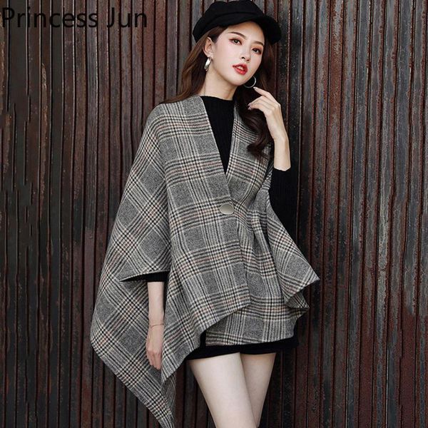 

women's wool & blends british fashion women vintage plaid cloak ponchos v neck elegant lady cape irregular coat jacket autumn batwing s, Black