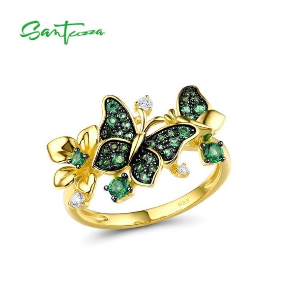 

cluster rings santuzza silver ring for women 925 sterling butterfly gold color shiny green spinel elegant trendy party fine jewelry, Golden;silver