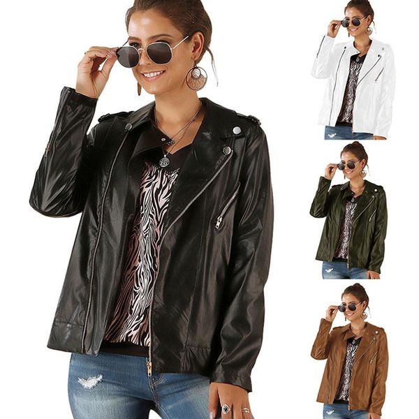

women's leather & faux women jacket long sleeve zipper 2021 spring autumn fashion solid color large size jk121, Black