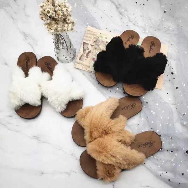 

slippers fashion cross plush ins the same paragraph wear non-slip trend casual flip flops women a018, Black