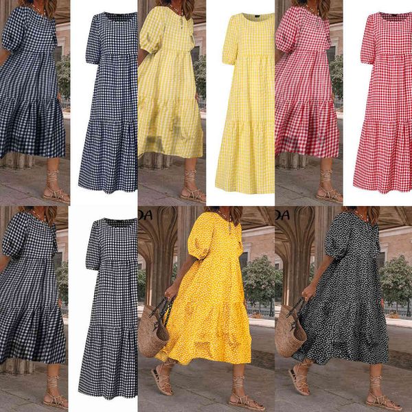 

summer dress vonda 2021 women casual short sleeve plaid printed sundress loose pleated mid-calf dresses femme party robe x0521, Black;gray