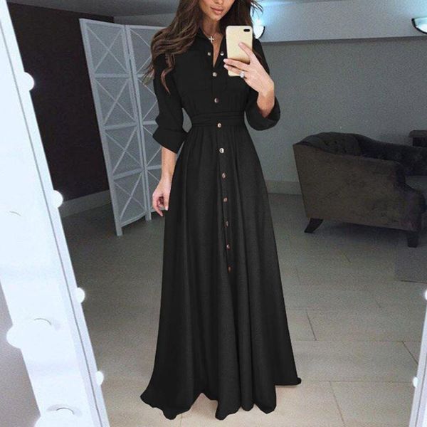 

casual dresses solid dress women turn down collor lady long sleeve maxi button elegant kleider damen #g4, Black;gray