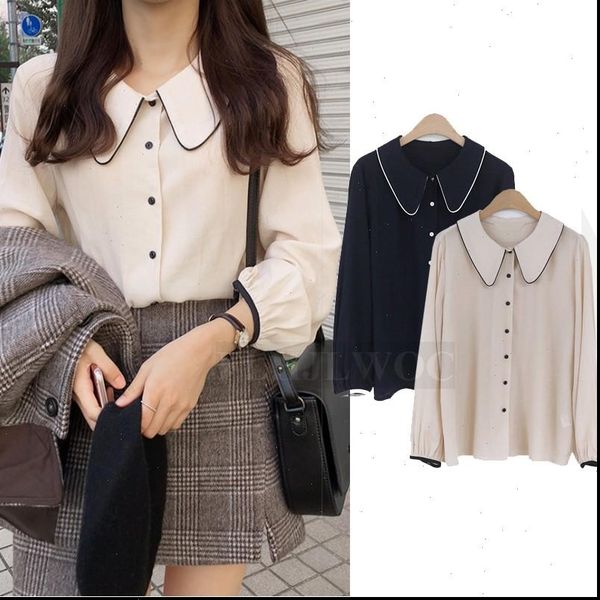 

cute sweet preppy womens blouses korean style long sleeve temperament girls button peter pan collar shirt corduroy top, White