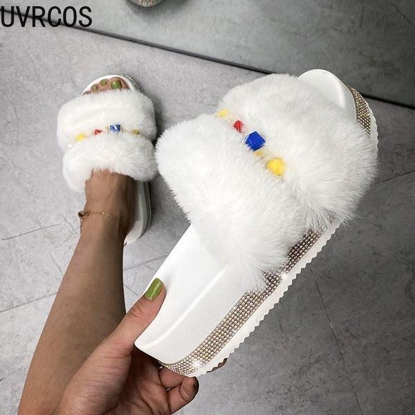 

ladies slippers mature simple furry vamp rhinestone decoration thick sole decals personalized female fur slides, Black