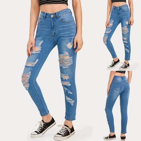 

women's jeans mom boyfriend ripped women slim hole high waist streetwear pockets solid denim pants ladies long trouser ropa mujer, Blue