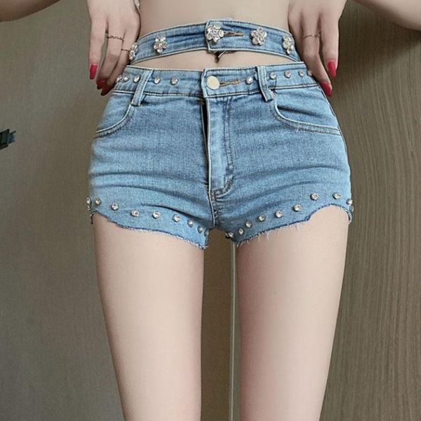 

korean fashion summer high waist hollow heavy beaded denim shorts women slim pants women's jeans, Blue