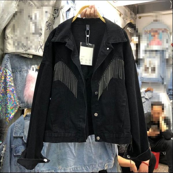 

women's jackets spring bf fringe jean jacket women retro ins loose cropped denim female cowboy coat chaqueta casaco femme, Black;brown