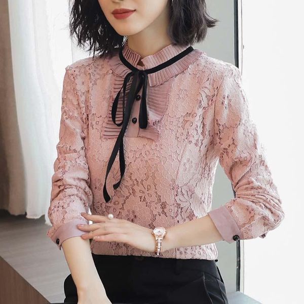 

women's blouses & shirts 2021 autumn long sleeve lace shirt bow tie womens and pink causal blouse female clothes a103, White