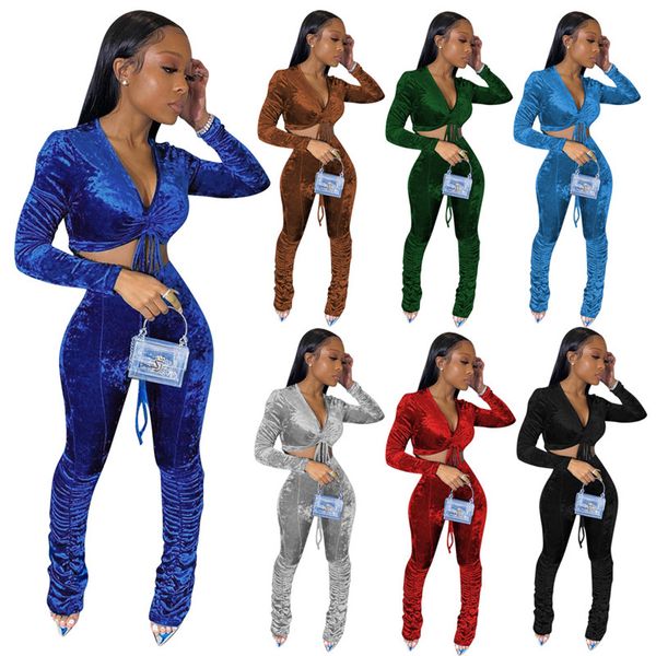 Outono inverno mulheres faixas de veludo plus tamanho 2xl veludo sweatsuits manga longa bandage plantar top + calça empilhada dois conjuntos de peças casuais roupas sólidas atacado 5865