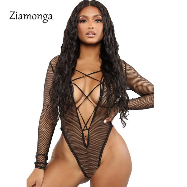 

women's jumpsuits & rompers ziamonga black hollow bodysuit women bodycon jumpsuit long sleeve mesh sheer see through lace up, Black;white