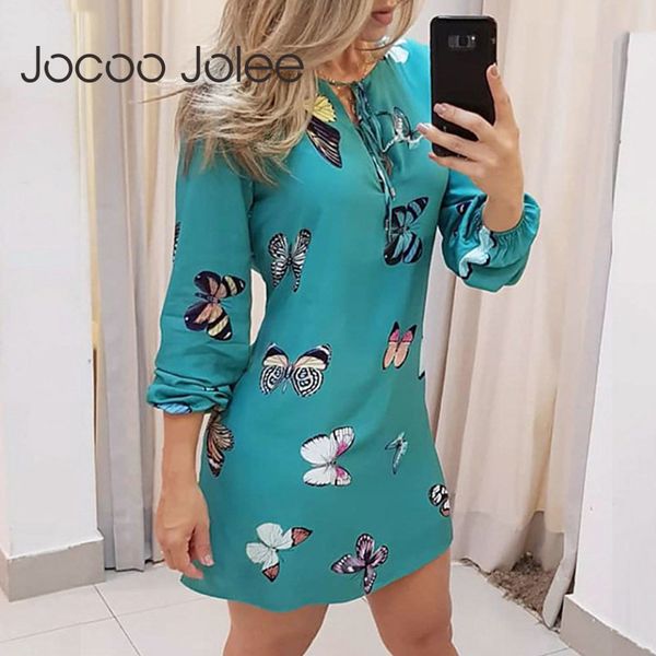 

sweet butterfly print women dress plus size fashion casual lantern sleeve v-neck thin mini spring vestidos 210428, Black;gray