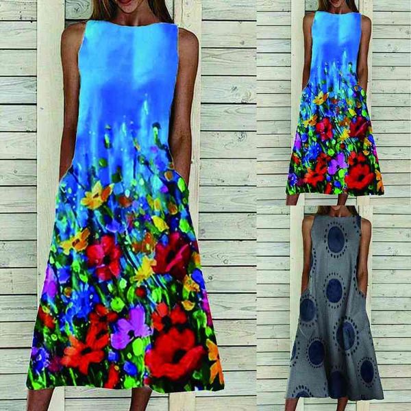 

floral print o neck fashion women dresses plus size sleeveless long maxi boho style beach party vestidos, Black;gray