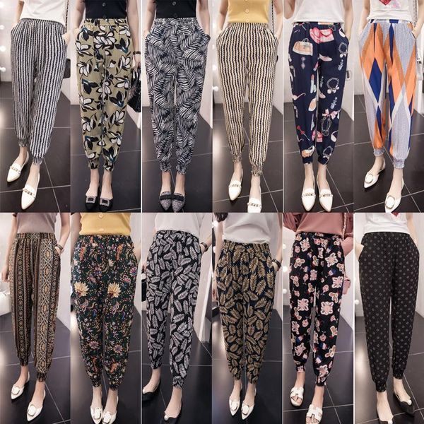 

women's pants & capris summer chiffon long ankle-length harem printed fashion elastic waist, Black;white
