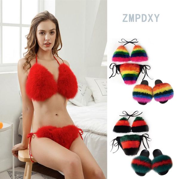

women real fur slippers bikini bra sets casual furry plush slides ladies flip flops beach swimsuit, Black