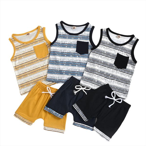 

kids baby boys 2 piece outfit set sleeveless striped print shorts for children 1 5t, White