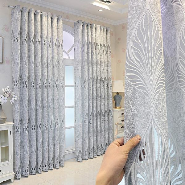 

curtain & drapes 2021 translucent and opaque gray simple modern leaf gauze semi-blackout curtains for living dining room bedroom
