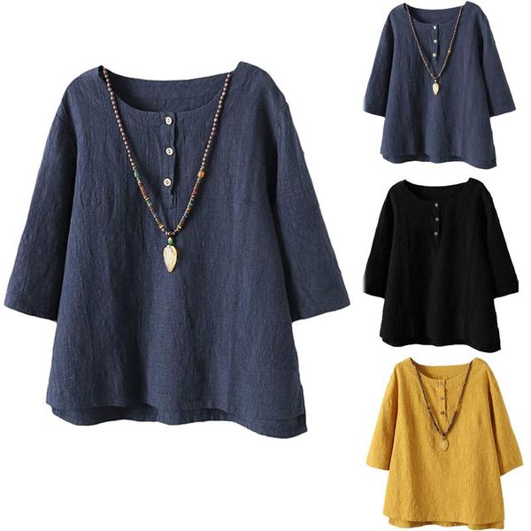 

women's blouses & shirts summer bluses for women o-neck solid three quarter sleeve button cotton and linen femme female blusas, White