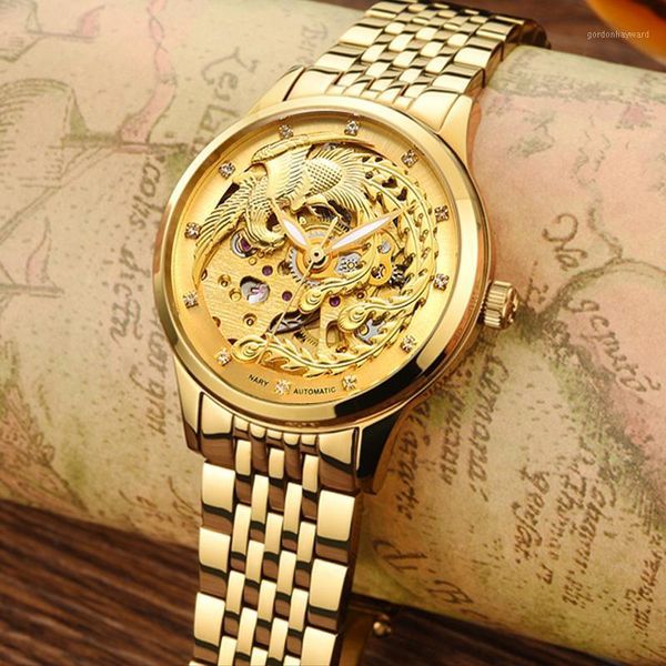 

chinese style phoenix watch women gold mechanical watches stainless steel automatic wristwatches, Slivery;brown