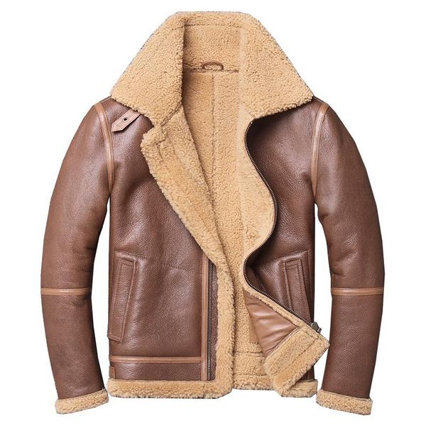 

men's leather & faux factory 2021 men luxury brown shearling flight jacket b3 bomber casual wool liner russia winter coats, Black
