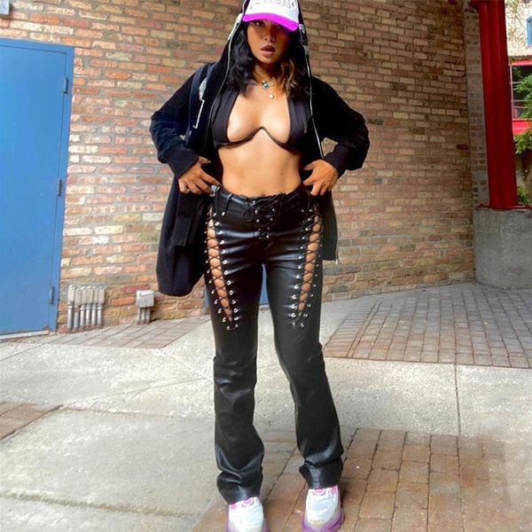 

women's pants & capris gothic punk solid color bandage hollow out leather y2k high waisted faux leggings trousers, Black;white