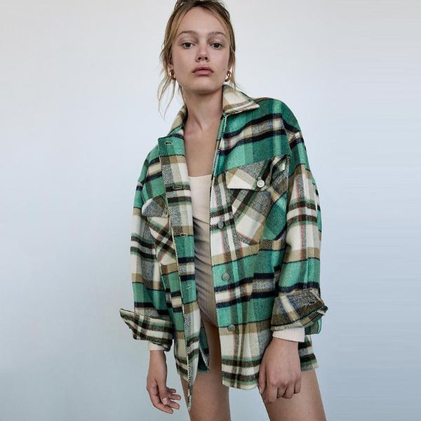 

women's wool & blends 2021 plaid shirt fashion casual button up and down lapel coat thick winter sports leisure shack, Black