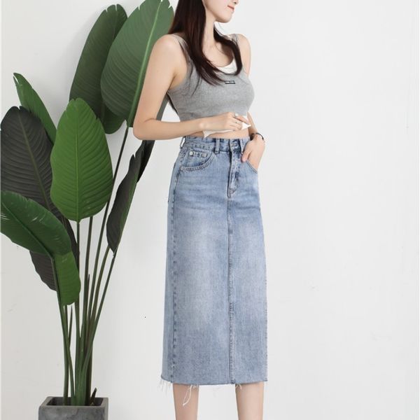 

skirts high-grade in autumn women's high waist covered belly medium long split super fairy wtern style thin denim skirt, Black