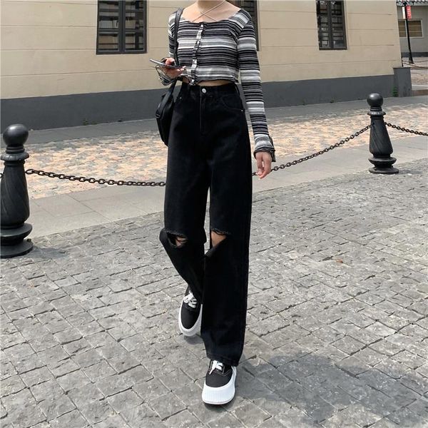 

women's jeans high waisted women ripped korean fashion streetwear wide leg casual straight summer black baggy ladies denim, Blue