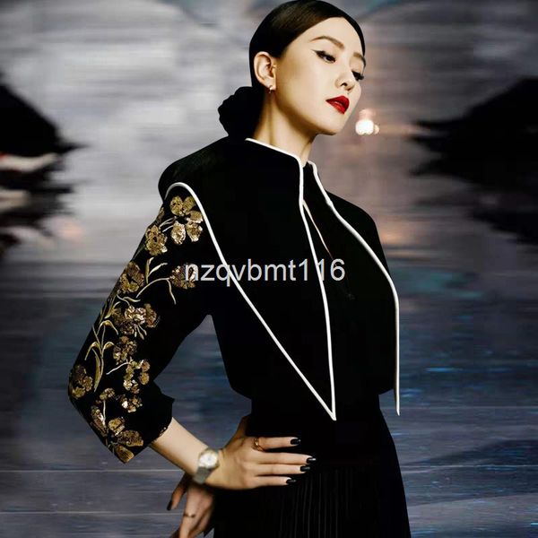 

casual dresses liu shishi star's same spring women's sequin embroidered detachable big pointed collar swing dress, Black;gray