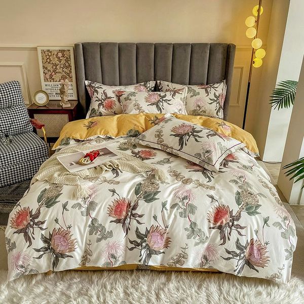 

bedding sets luxury american flowers printing 100% cotton protea cynaroides set double duvet cover bedspread bed linen pillowcase