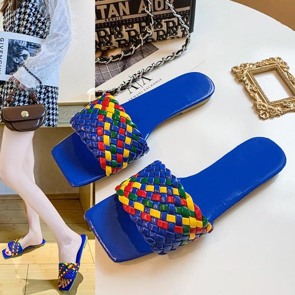 

large size slippers women's 2021 color woven square head open toe flat bottom one flip flops slides, Black