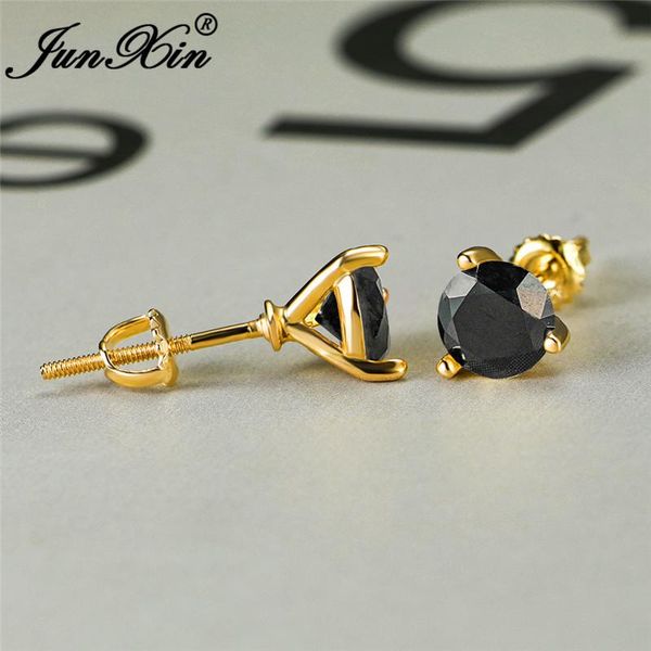 

male female multicolor zircon 6mm round earrings yellow gold black blue purple crystal stone wedding stud for women men, Golden;silver