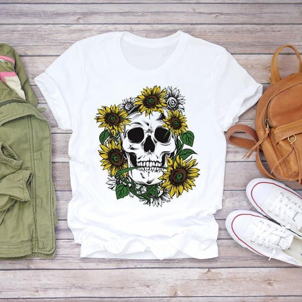 

drink floral skull sunflower cute womens t shirts thanksgiving halloween print lady graphic female tee, White