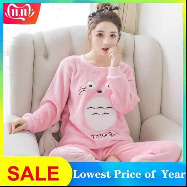 

pyjamas cartoon thick winter women sleepwear warm flannel pajamas autumn nightgown pajama set female pijama mujer, Black;red