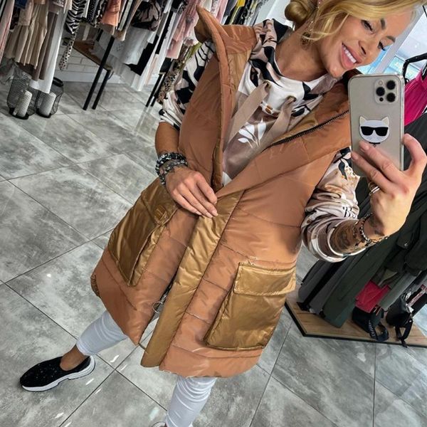 

women's vests a fashion autumn winter hooded women elegant pockets mid length coats patchwork cotton ladies, Black;white