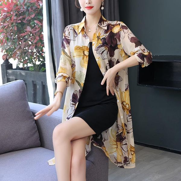 

women's blouses & shirts chiffon mid-length summer beach jacket long sleeve loose printed cardigan thin sun protection shirt, White