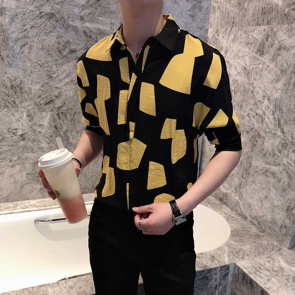 

summer hawaiian shirt men half sleeve casual shirts camisa masculina streetwear night club party male clothing chemise homme 210527, White;black