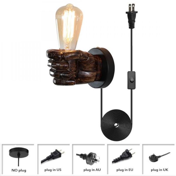 

wall lamp vintage 1 light resin plug in light, industrial sconce with hand shape retro edison indoor fixture