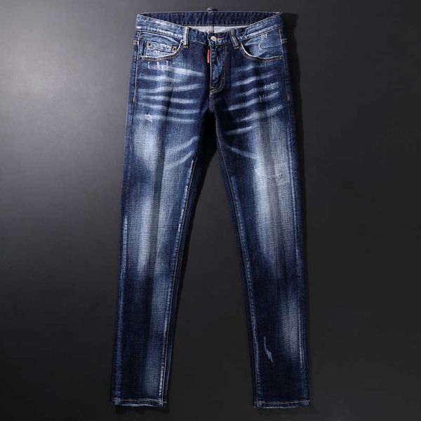 

men's jeans italian style fashion retro dark blue elastic cotton ripped vintage designer slim denim pants srs6