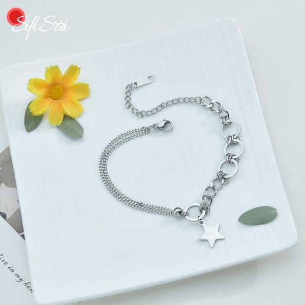 

link, chain sifisrri five-pointed star pendant stitching bracelet stainless steel for couple women girl wrist jewelry gift, Black