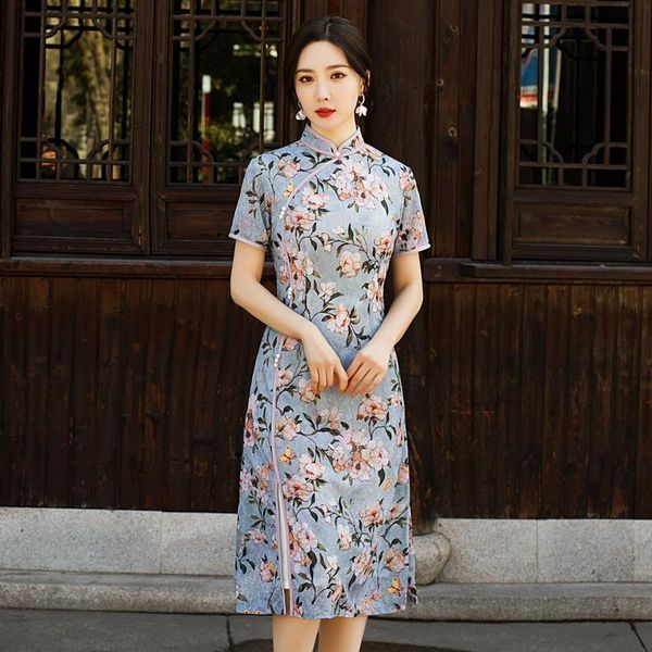 

sweet flower print traditional chinese a-line dress women mandarin collar slim novelty qipao elegant medium length cheongsam ethnic clothing, Red