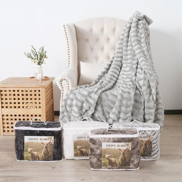

blankets bedspread on the bed thick double-layer lamb imitation fur plush back printing wool blanket plaid sofa cover