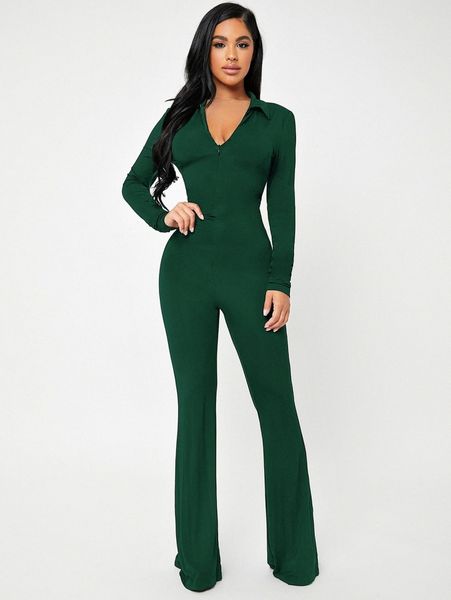 

sxy solid zip up v-neck jumpsuit f4ds#, White