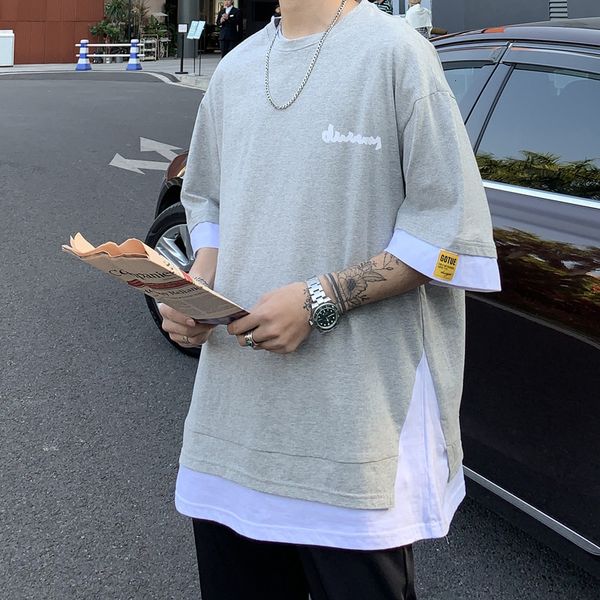 

fire men's t-shirts super cec short loose trend t-shirt fake two piec casual fashion brand five point sve body, White;black