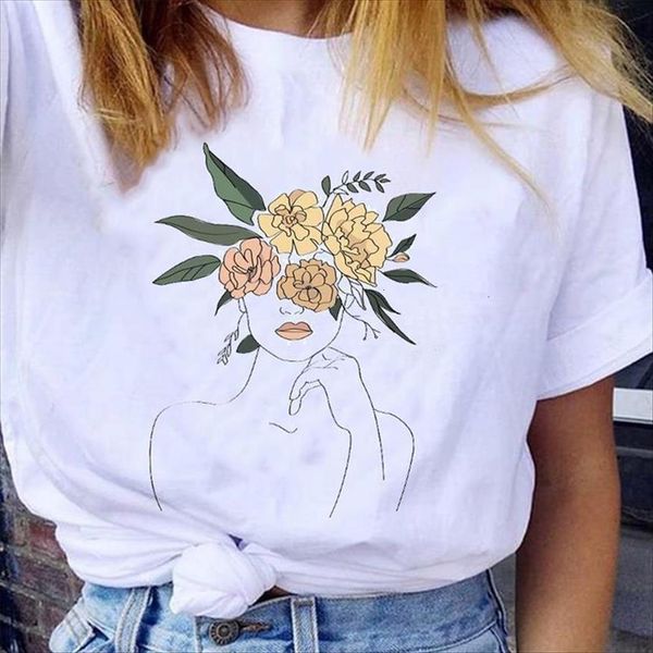 

graphic watercolor floral casual womens t shirt trend cute printing 90s style fashion lady print female clothes tees, White